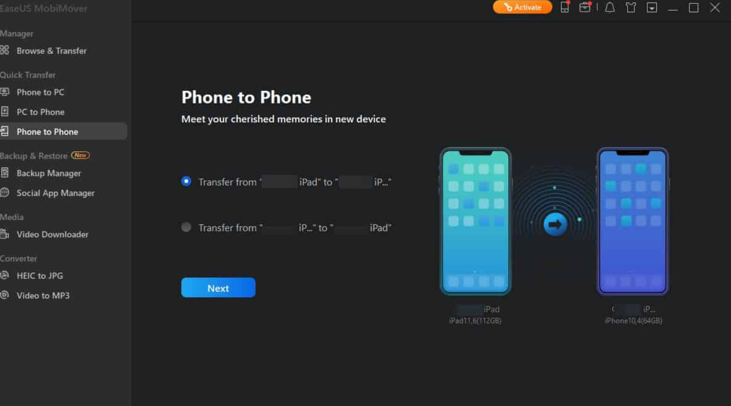 Phone to phone- EaseUS mobimover