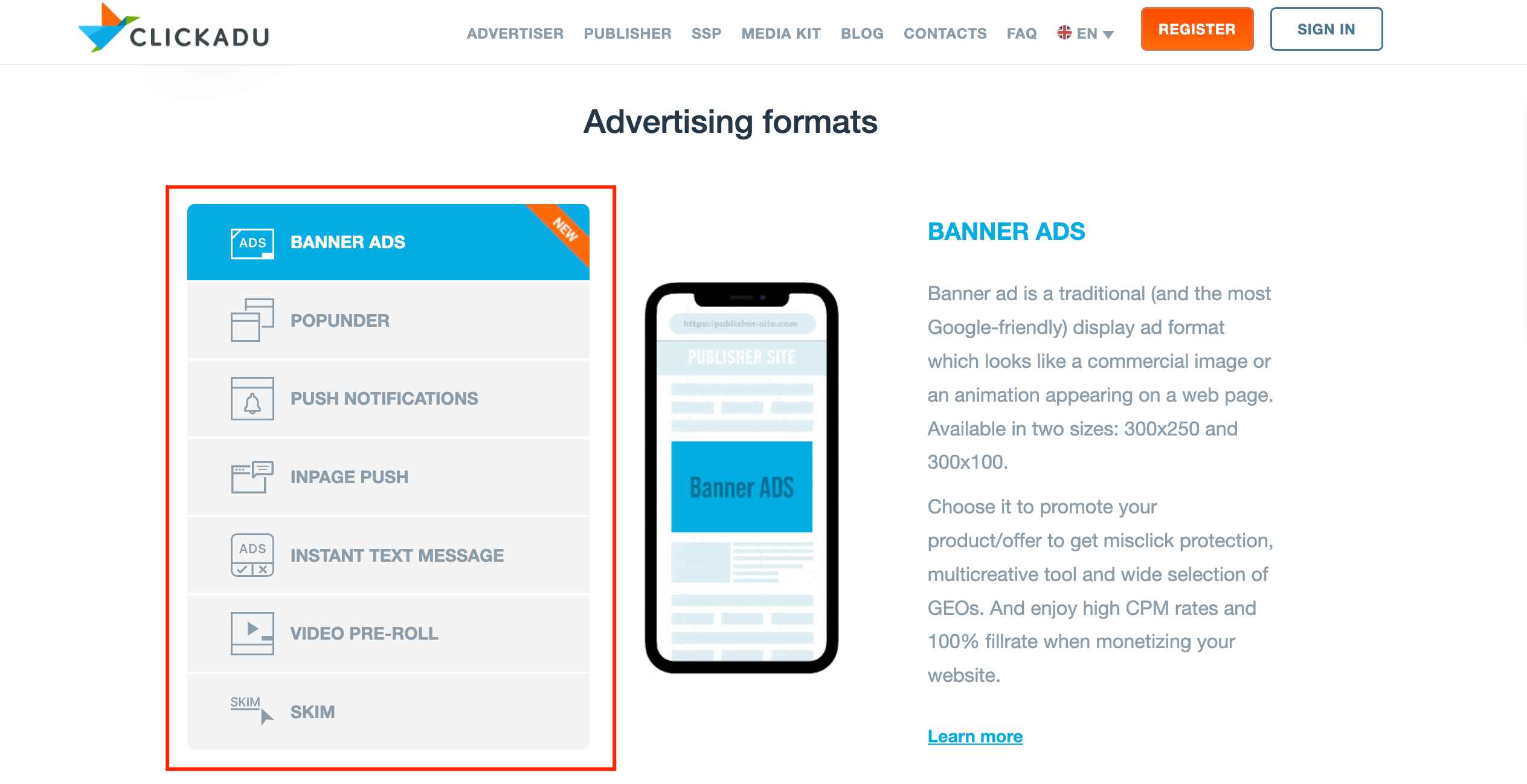 Clickadu Advertising Formats