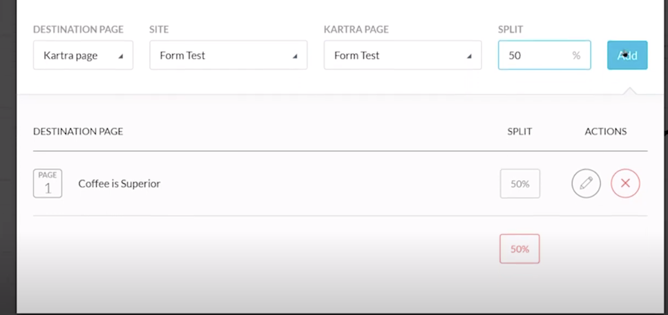 Add destination page in Kartra split test