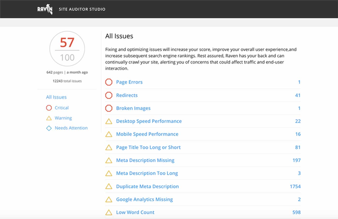 Raven Tools site auditor features