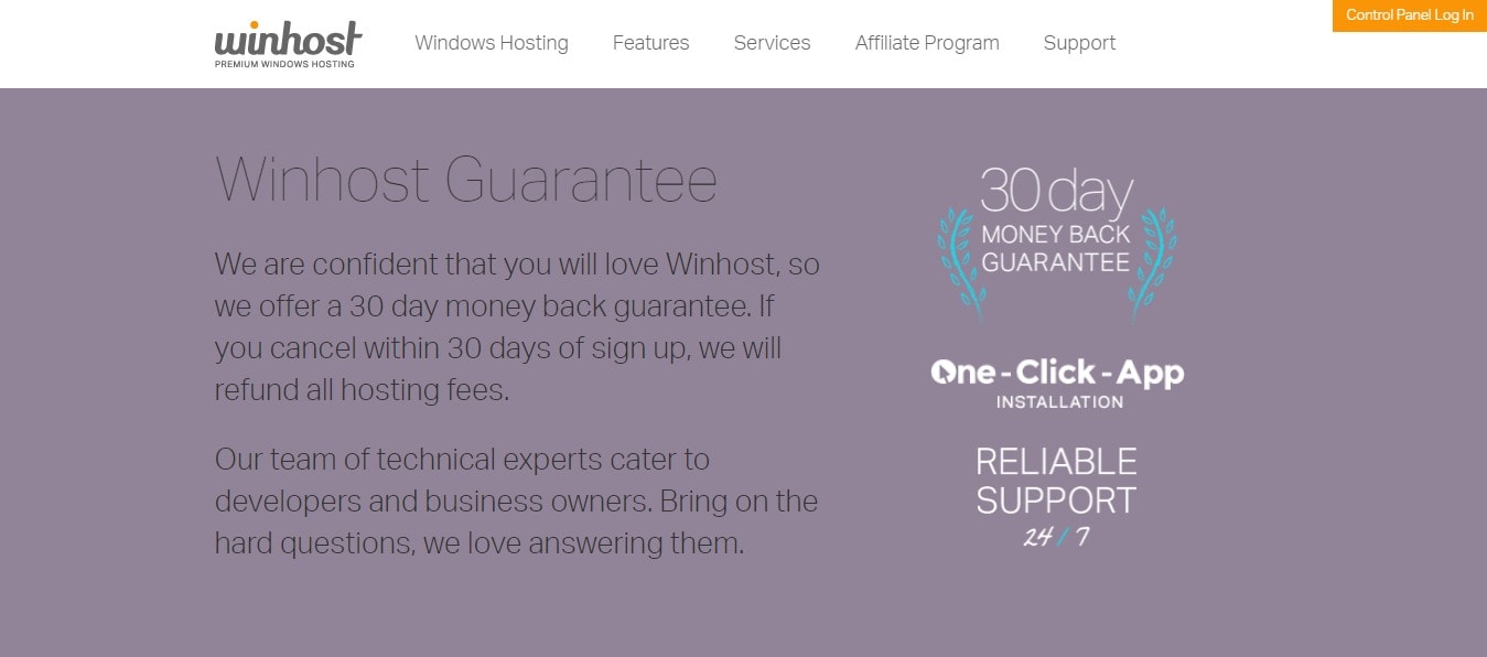 winhost guarantee - 30 days money back