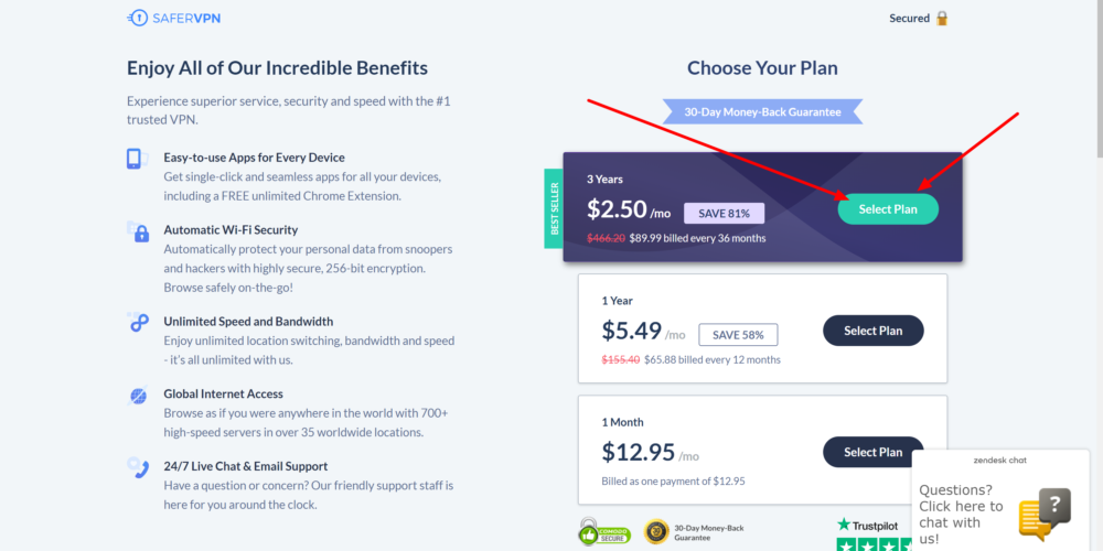 SaferVPN pricing plans and disount