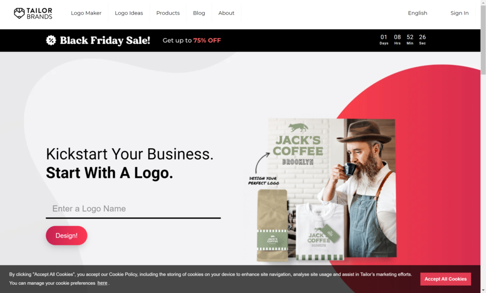 Tailor Brands homepage logo- Tailor Brands Review