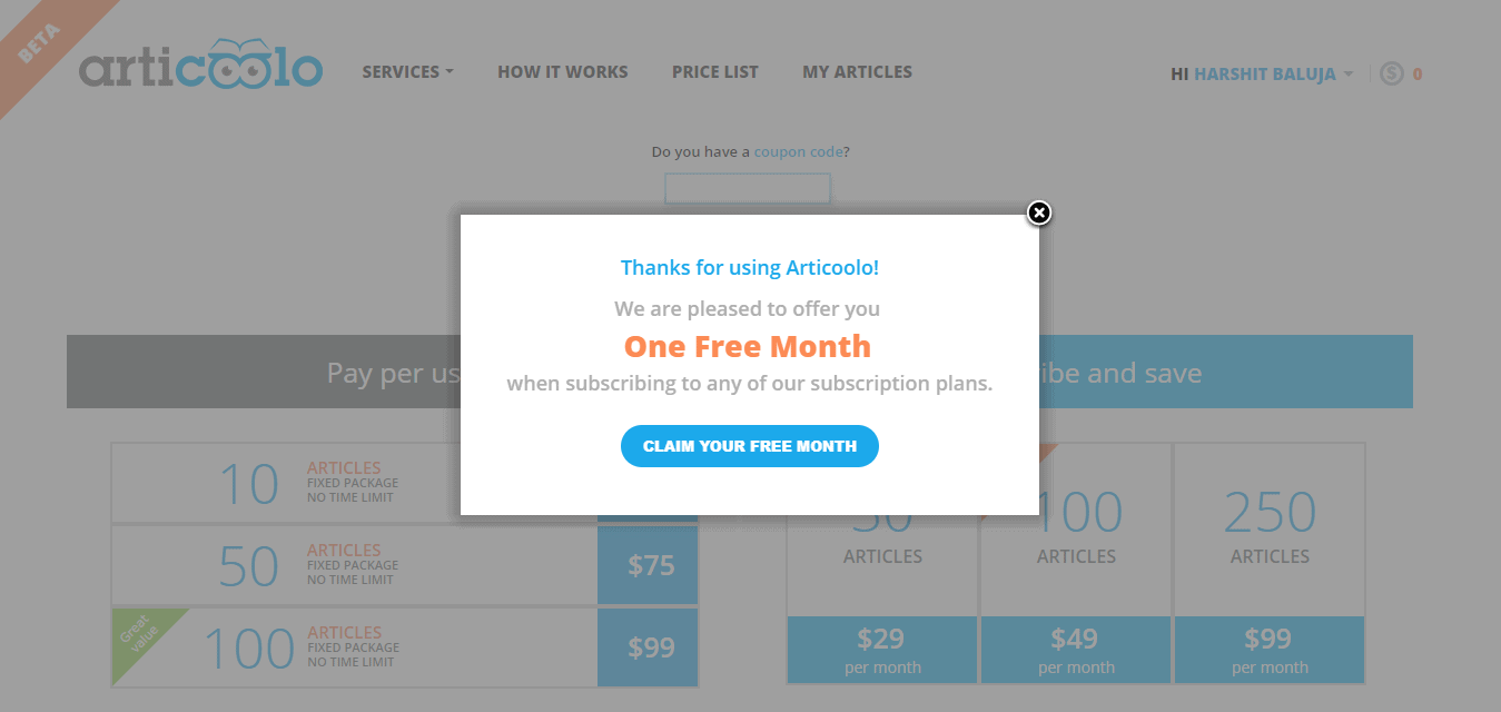 Get One Month Free - Articoolo Coupon Codes