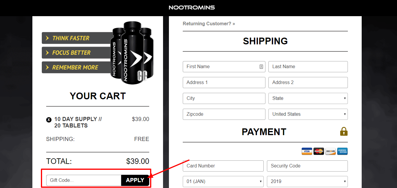Nootromins discount coupon - Apply Gift Code 