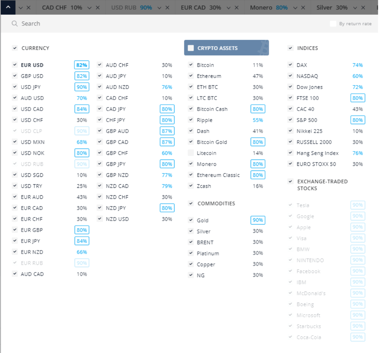 Olymp Trade for trading - currency list