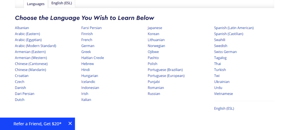 Pimsleur Languages Offered