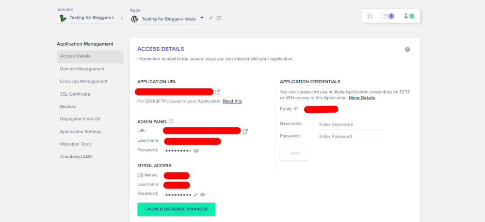 Cloudways-Review-Zugangsdetails