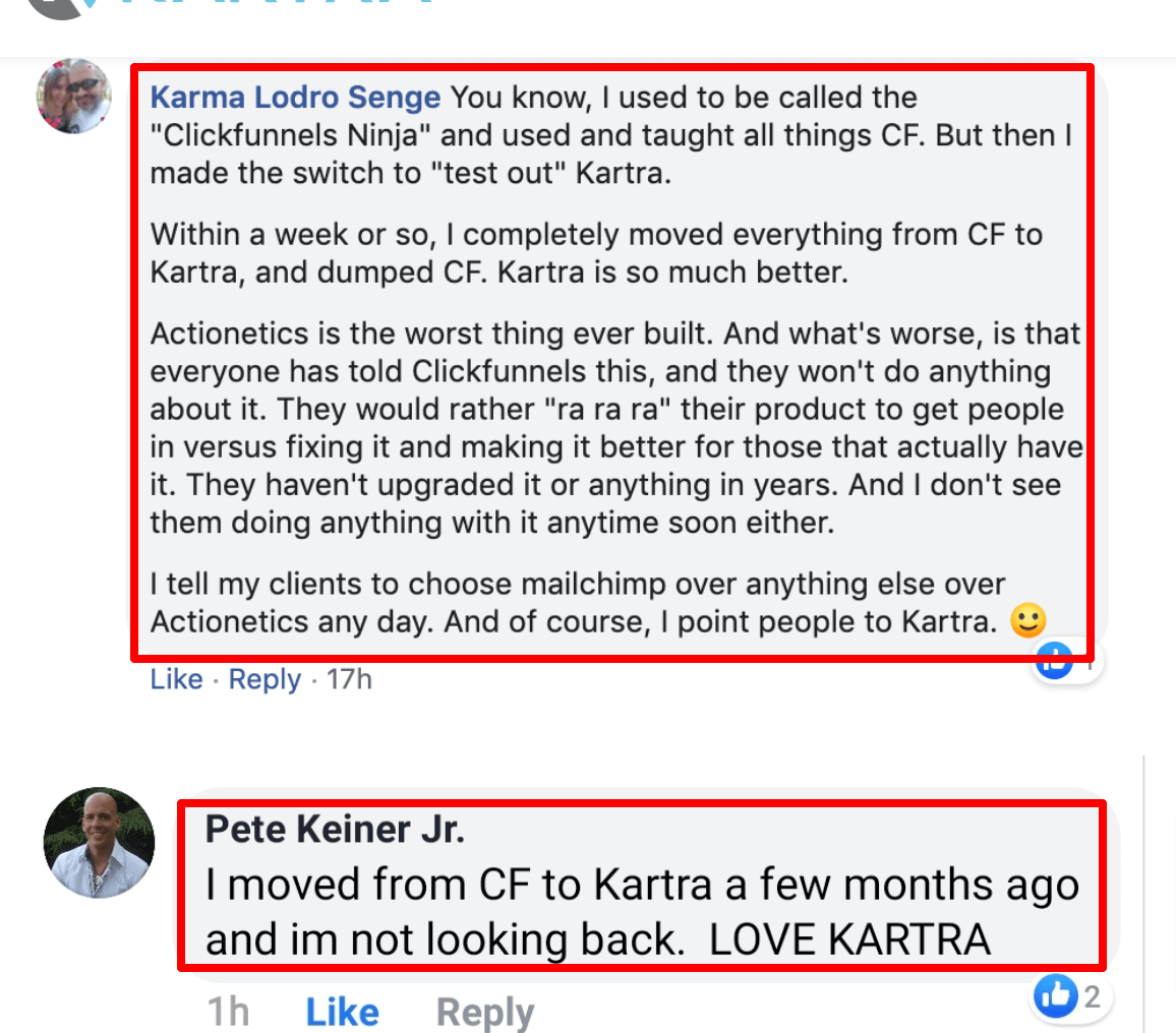 Facebook reviews by customers from CF to kartra