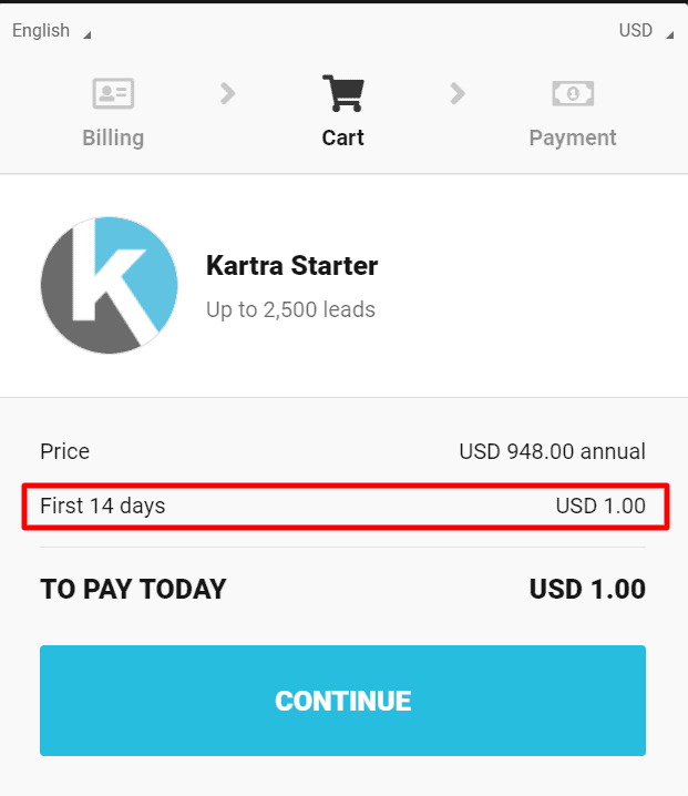 kartra free trial - cart option