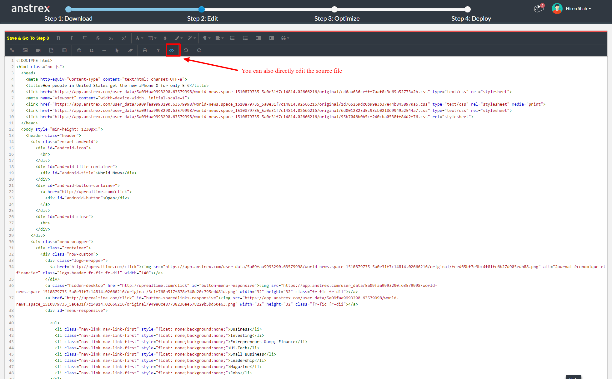 HTML Source code editor for landing page- Anstrex review