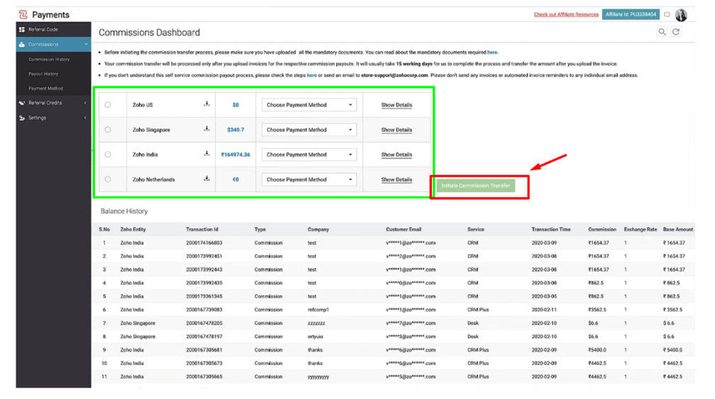 Check your commission dashboard