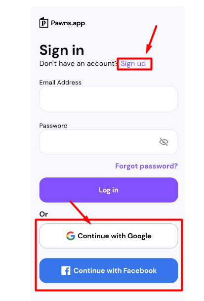 Nhấp vào 'Đăng ký hoặc đăng ký bằng Google và Facebook