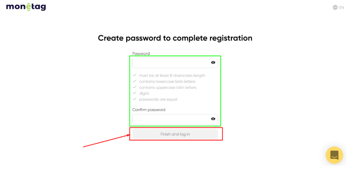 Choose a password and finish login
