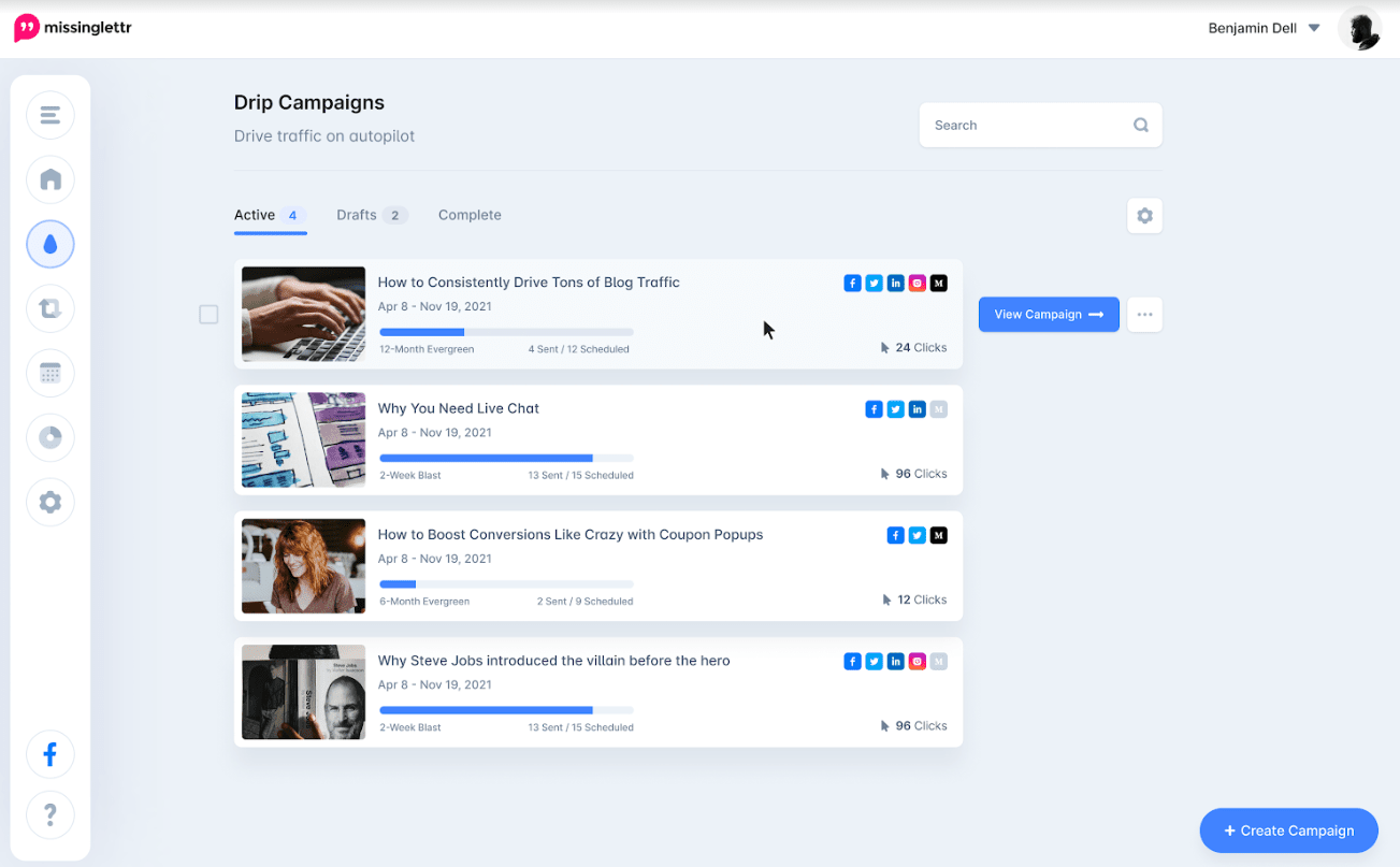 Funzionalità di Missinglettr Drip Campaign
