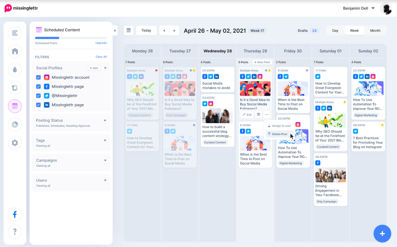 Fonctionnalité du calendrier marketing Missinglettr