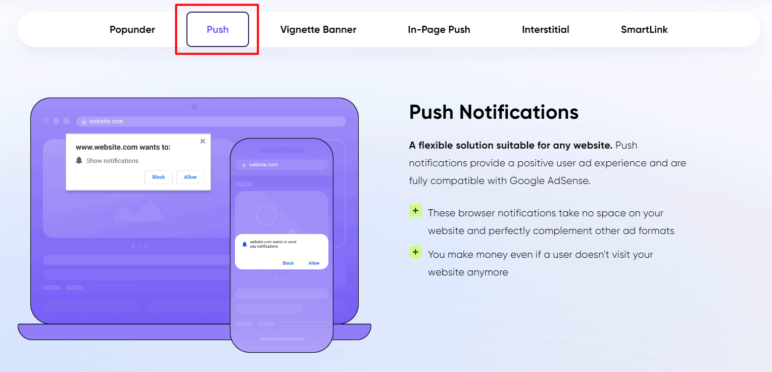 Monetag Push Notifications Ad Formats