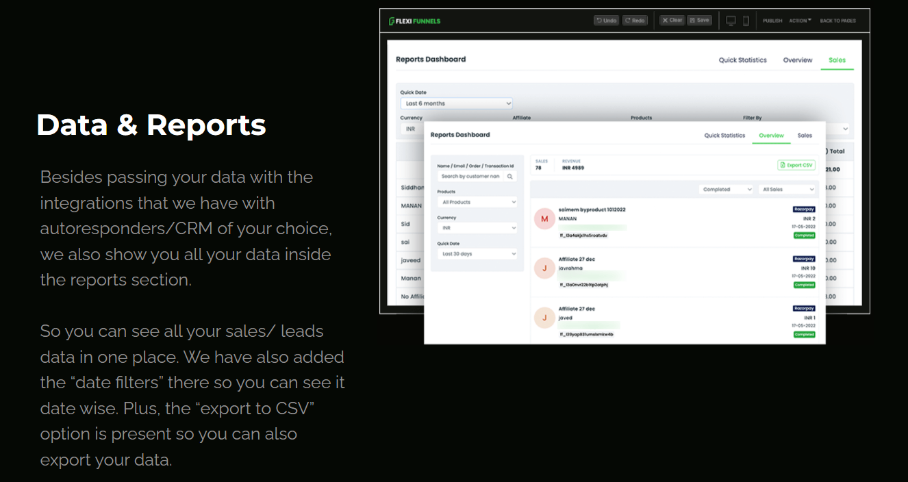 FlexiFunnels Data & Reports Feature